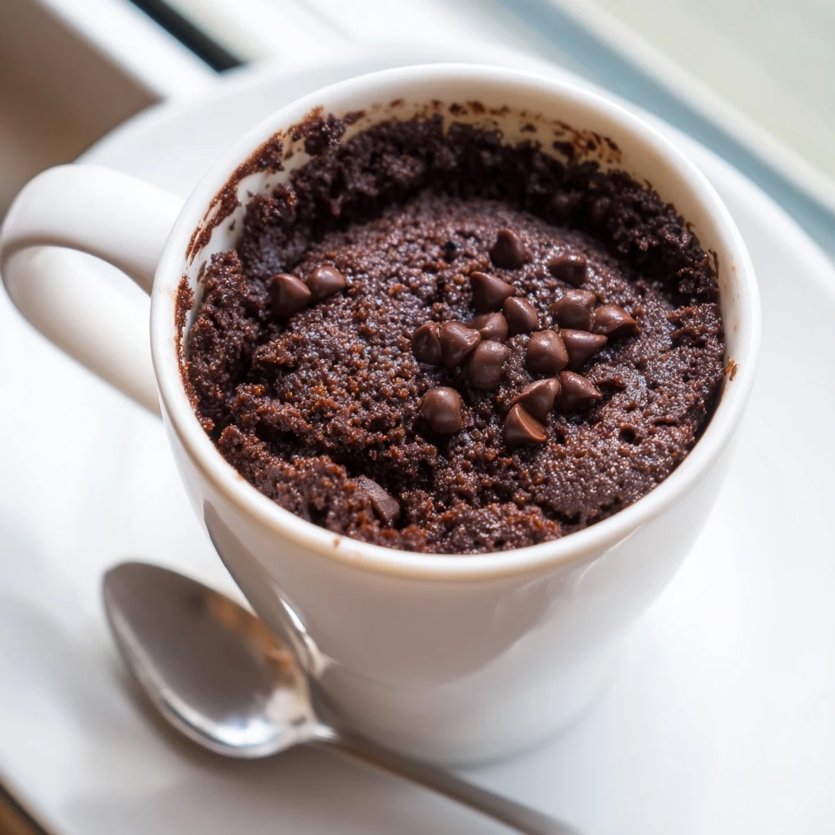 Rich gluten free chocolate mug cake rising inside a cozy ceramic mug
