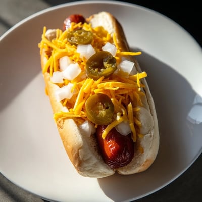 A colorful hot dog bar spread features grilled beef franks, cheddar, jalapeños, and fresh cilantro for build-your-own fun.