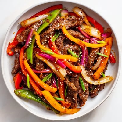 Freshly plated Spicy Beef Stir Fry with Vegetables next to steamed jasmine rice, garnished with sliced green onions and toasted sesame seeds for a savory weeknight dinner.