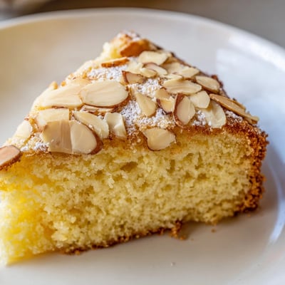 Slice of tender Lemon Ricotta Cake with Almonds on a dessert plate, with fresh berries and a dollop of whipped cream nearby.