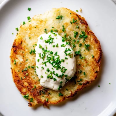 Golden-brown Irish Boxty pancakes drizzled with sour cream and chives, highlighting their crispy exterior and tender, fluffy interior.  