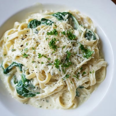 A close-up of Creamy Spinach Pasta with Garlic, where tender spinach and al dente fettuccine are coated in velvety sauce.