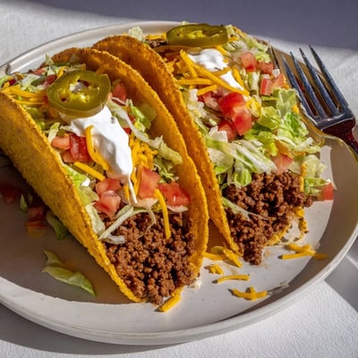 Crispy golden hard shell beef tacos served with sour cream, jalapeños, and lime wedges on a rustic wooden table.