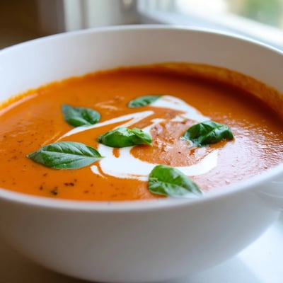 Creamy fire roasted tomato soup swirling with a drizzle of olive oil beside a grilled cheese sandwich