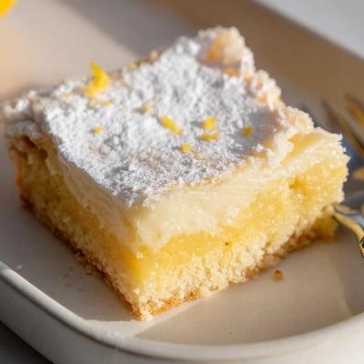 Creamy Lemon Gooey Butter Cake with a bright tangy filling sliced into generous gooey squares