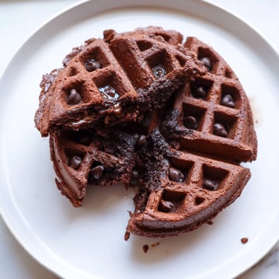 Crisp fudgy brownie waffles topped with whipped cream and fresh berries for brunch
