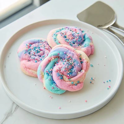 Soft cotton candy cookies topped with colorful sprinkles arranged on a rustic white plate