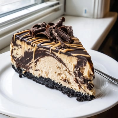 Rich chocolate peanut butter cheesecake with swirled filling on a cookie crust