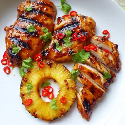Juicy Chili Pineapple Grilled Chicken garnished with fresh cilantro and sliced red chili