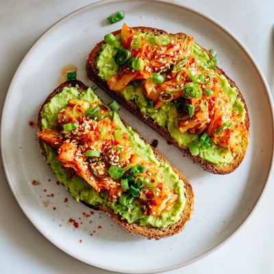 Spicy kimchi piled over mashed avocado on golden toast with green onions